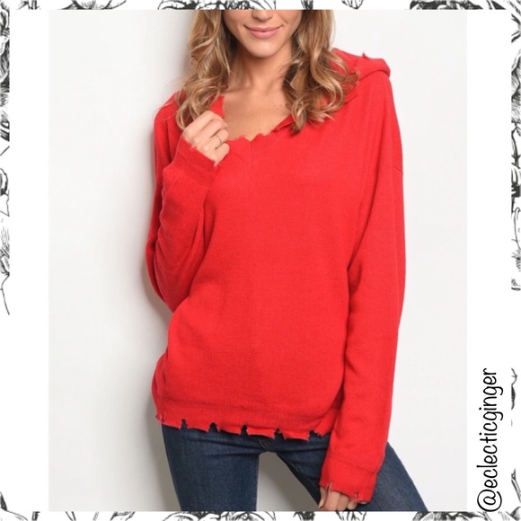 Red distressed & frayed edge hooded long sleeve sweater Medium M Large L hoodie - Picture 2 of 7
